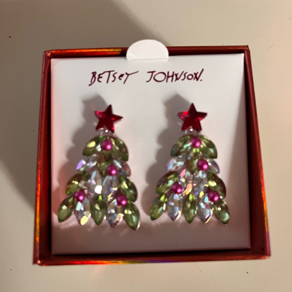 Betsey Johnson Festive Green and Pink Christmas Tree Earrings